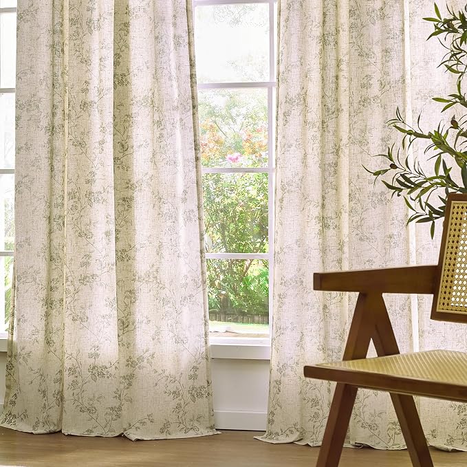 Green Vintage Floral Linen Curtains Farmhouse 38W X 90L 2 Panels | Elisa Series - Image 9