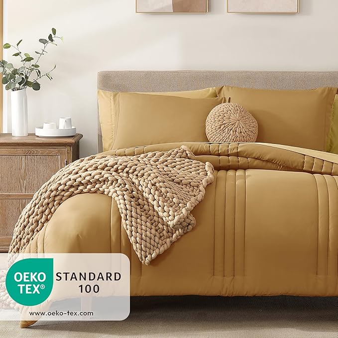 Monbix Queen Comforter Set - 7 Pieces Desert Yellow Bed in a Bag Queen Bedding Sets with Comforters, All Seasons Down Alternative Comforter Bed Set with Sheets, Pillowcases & Shams