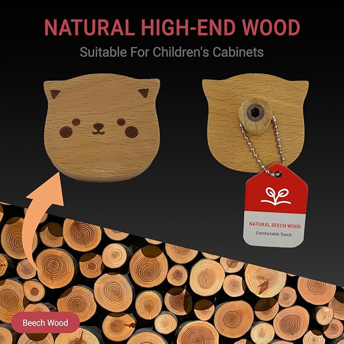 6PCS Wooden Cat Shaped Cabinet Knobs, Cabinet Handles, Single Hole Beech Wood Handles, Wood Hooks with Full Set of Screw Accessories