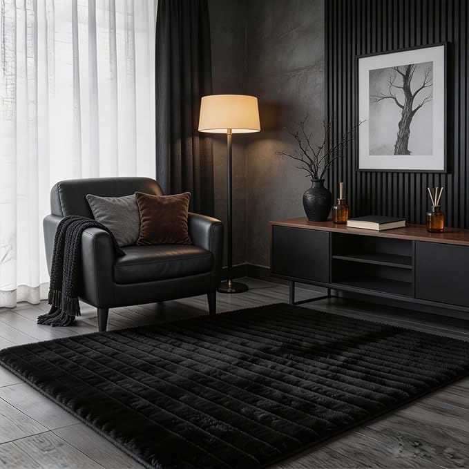 Black Rabbit Striped Plush Rug 3'x5', Fluffy Faux Fur Shaggy Area Rug by CHOVY