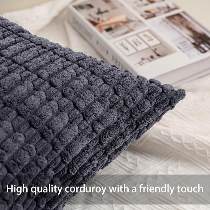 Pack of 2 Corduroy Decorative Throw Pillow Covers 26x26 Inch, Dark Grey | Fall - Image 2