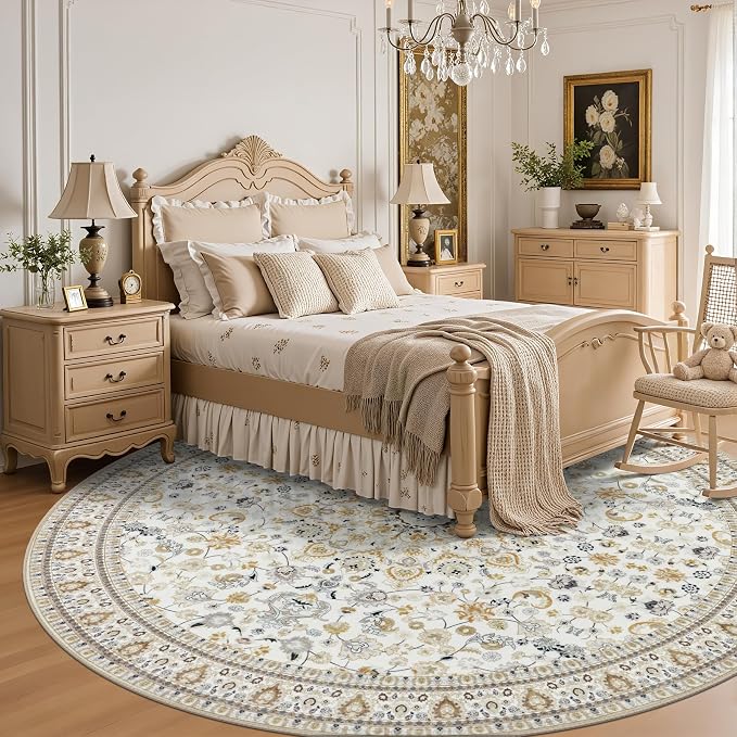 Round Area Rug for Living Room: 4ft Washable Rug for Bedroom Beige | Vintage - Image 4