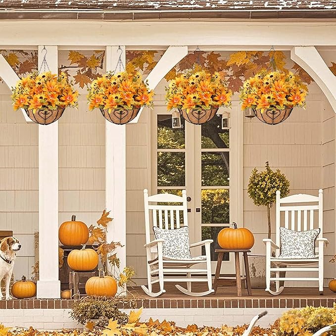 Waipfaru Artificial Fake Fall Hanging Mums Plants Flowers Basket for Outdoor, Faux Mums Floral Hanging Plant in Hang Planter Look Real UV Resistant for Porch Patio Balcony Yard Outdoor Decor (1Pcs)