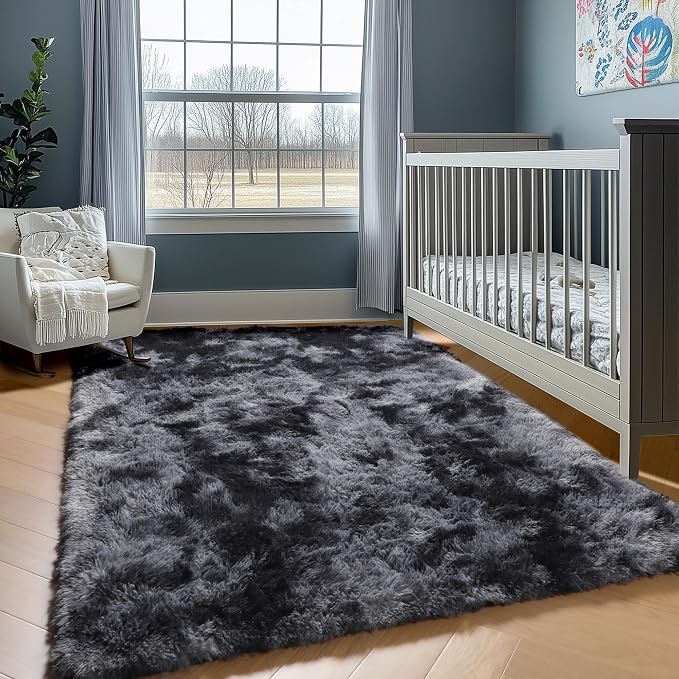 Area Rugs for Bedroom Living Room, Fluffy Tie-Dyed Dark Grey 4x6 Indoor Bedside - Image 8