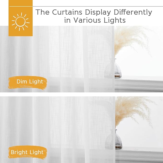 RYB HOME Semi Sheer Curtains 95 inches Long, Thick Privacy Added Line Wave Textured Window Treatments for Living Room Bedroom Sliding Door, White, W 52 x L 95, 2 Panels