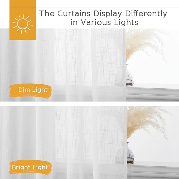 RYB HOME Solid Semi Sheer Curtains Rod Pocket Living Room/Bedroom, Linen Sheer Light Filtering Curtains 72 inches Long, White, W 52 x L 72 inch Length, 1 Pair