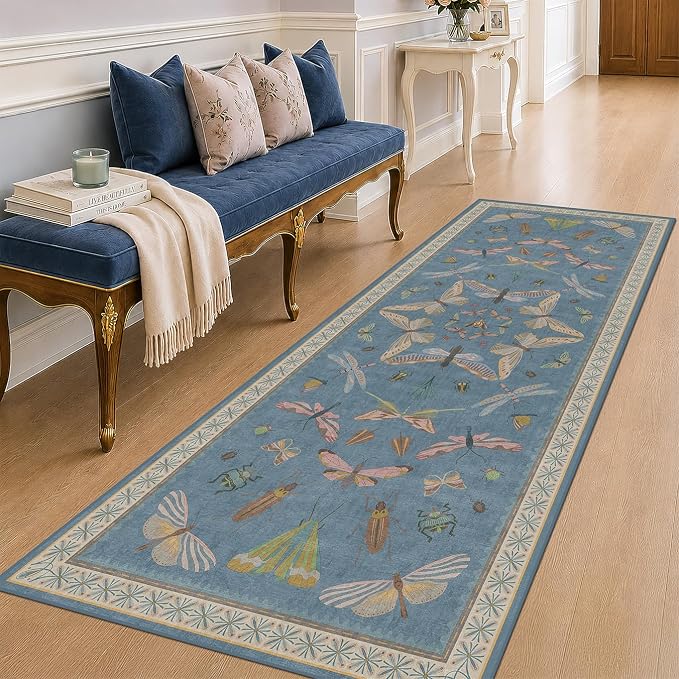 Vintage Blue Insect Hallway Runner Rug 3x8 Long, Non Slip Washable Carpet by HazoHaus