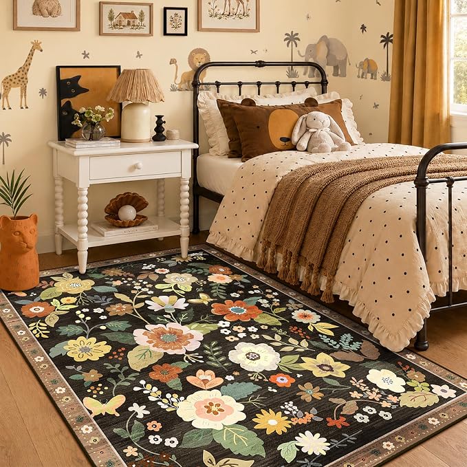 RELEANY Floral Washable 5x7 Area Rugs Black/Yellow | Flower Carpet Print Boho - Image 7