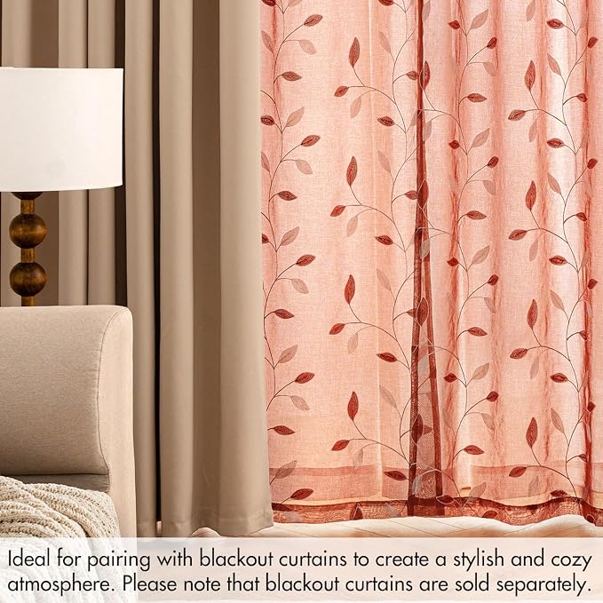 MIULEE Terracotta Sheer Fall Curtains 2 Panels Leaf Patterned, W52 x L63 | - Image 7