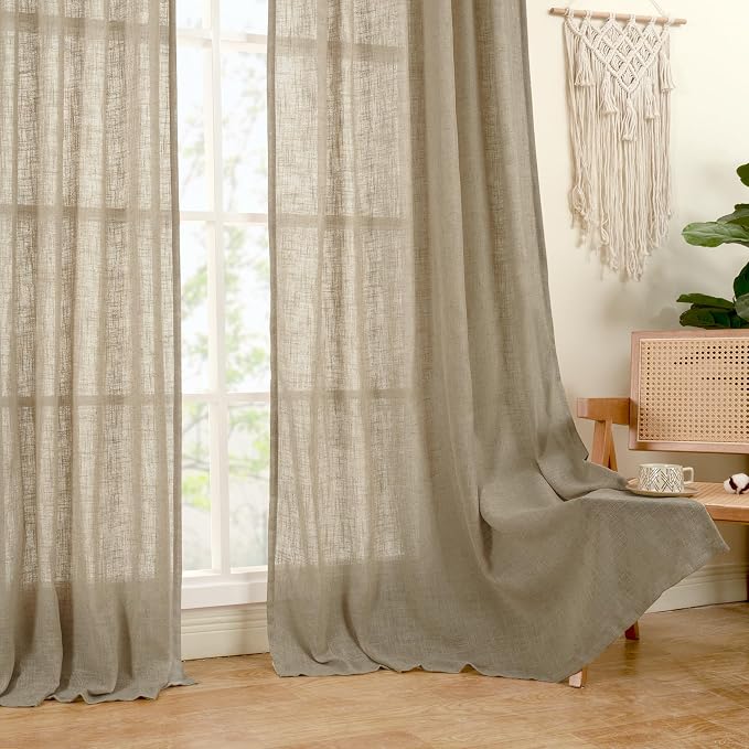 Taupe Sheer Linen Curtains 80 inch Light Filtering Semi Sheer Panels | Linen - Image 9