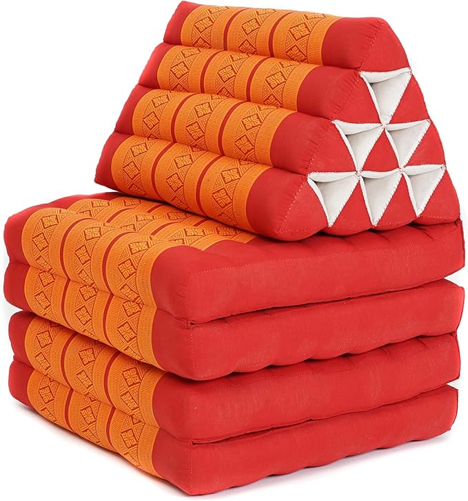 Leewadee Comfortable Japanese Floor Mattress - Thai Floor Bed with Triangle Cushion - Futon Mattress - XL Extra Long Thai Massage Mat, 89 x 20 inches, Orange Red, Kapok Filling