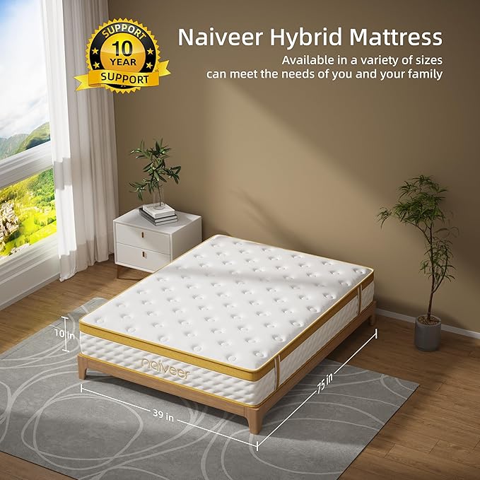 Cooling Gel Memory Foam Hybrid Mattress, 10 Inch Twin Size Mattress in A Box with Pocket Springs for Back Pain & Pressure Relief, Medium Firm Feeling with CertiPUR-US Certified Foam