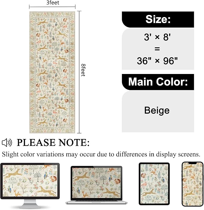 DUKINO 3x8 Runner Rug, Animal Washable Runner Rug - Image 2