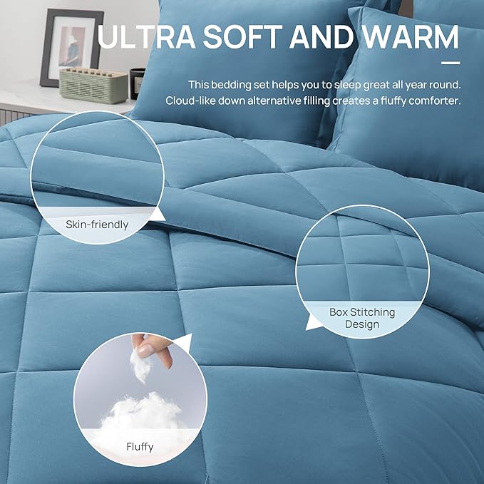 Love's cabin Queen Comforter Set Misty Blue, 7 Pieces Queen Bed in a Bag, All Season Bedding Sets with 1 Comforter, 1 Flat Sheet, 1 Fitted Sheet, 2 Pillowcase and 2 Pillow Sham