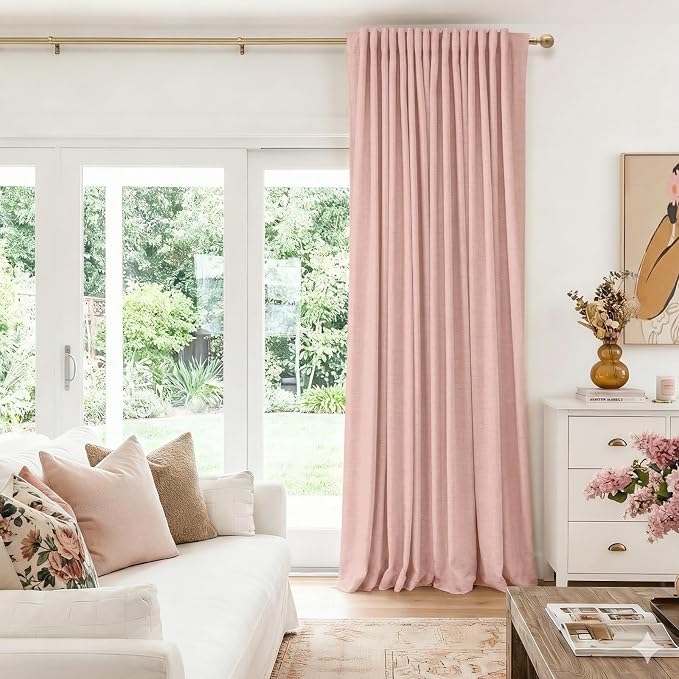 Linen Textured Total Blackout Sliding Door Curtains 84 Inch Long Blush Pink | - Image 5