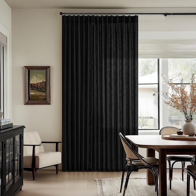 Black Linen Pleated Memory Shaped Semi Sheer Privacy Curtains 102 Inch Long | - Image 8