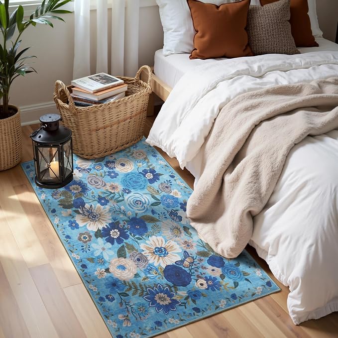 Blue Garden Floral Hallway Runner Rug 2x5for Bedroom Kitchen | Rubber Backing; - Image 2