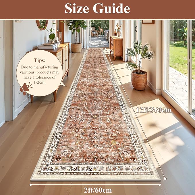Yamaziot 2x12 Washable Hallway Runner Rug Non Slip Floral Carpet, Brick-red | - Image 2