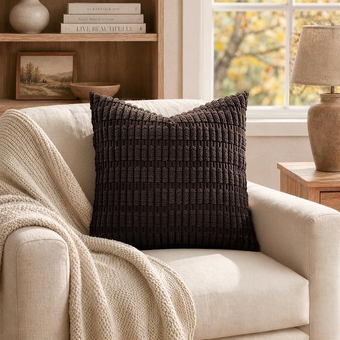 MIULEE Corduroy Decorative Throw Pillow Covers 16x16 Dark Brown Pack of 2 | - Image 4
