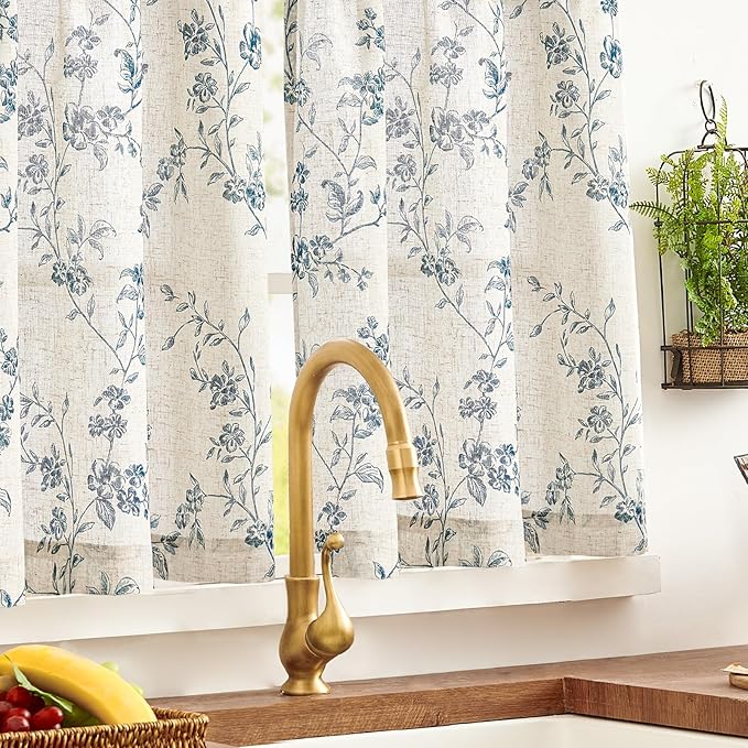 Blue on Beige Linen Kitchen Curtains Rod Pocket 26W X 36L 2 Panels | Elisa - Image 7