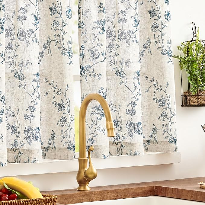 Blue on Beige Linen Kitchen Curtains Rod Pocket 26W X 24L 2 Panels | Elisa - Image 7