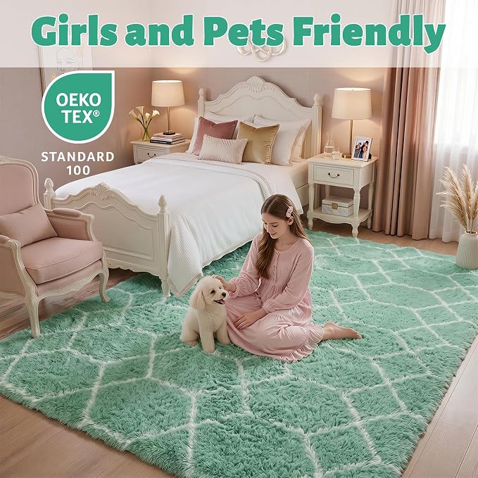 Area Rugs for Living Room, 5x8 Fluffy Sage Green and White Bedroom Rug | - Image 3