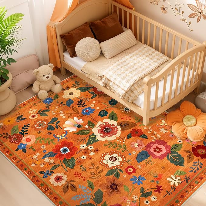 RELEANY Floral Washable 5x7 Area Rugs BurntOrange | Flower Carpet Print Boho - Image 2
