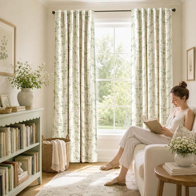 Blackout Vintage Floral Linen Curtains Green on Beige 50×84 2 Panels | Elisa - Image 7