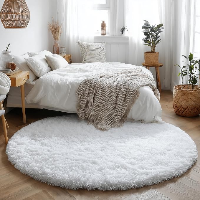 Amdrebio White Fuzzy Round Area Rug 5Ft - Image 5