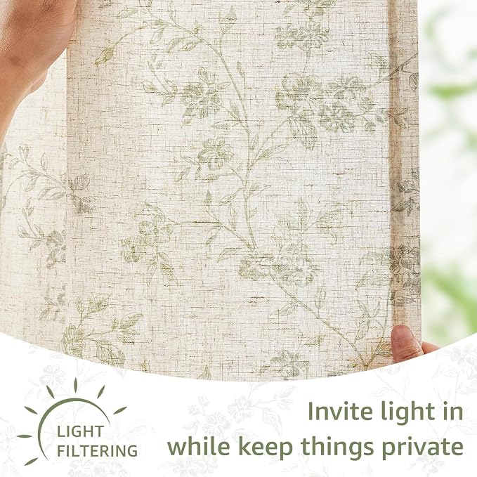 Green on Beige Linen Kitchen Curtains Rod Pocket 26W X 36L 2 Panels | Elisa - Image 6