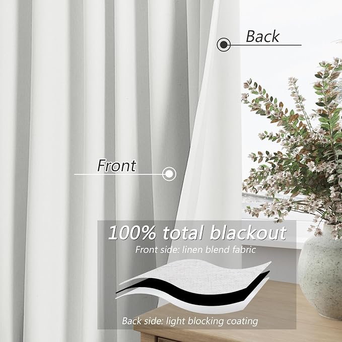 White 100% Blackout Linen Curtains 52 Inch Wide by 104 Inch - Image 3