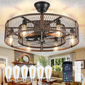 DLLT Caged Ceiling Fan with Lights: 26" Bladeless Fandelier with Light and Remote - Walnut Industrial Chandelier Fan Light for Bedroom Living Dining Room Kitchen