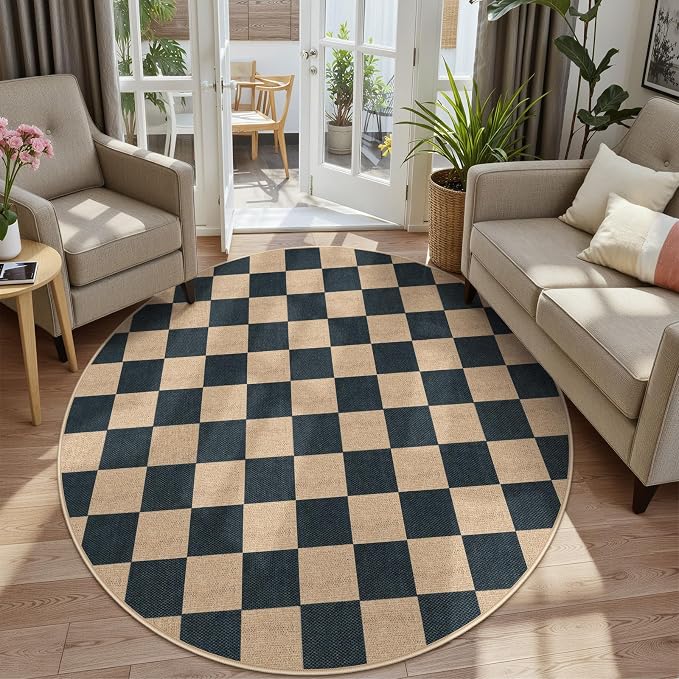 Lahome Checkered Easy Jute Outdoor Patio Area Rug 6ft Round, Washable Black | - Image 6