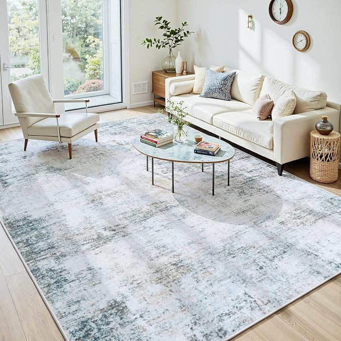 5x7 Washable Area Rug for Living Room Bedroom: Non-Slip Modern Blue Grey | - Image 2