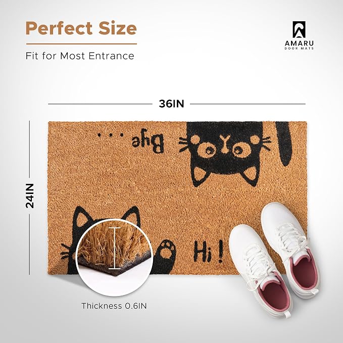 Coir Welcome Mat, Hi-Bye Cat, 24 x 36 in | 100% Natural Coir, Anti-Shedding - Image 2