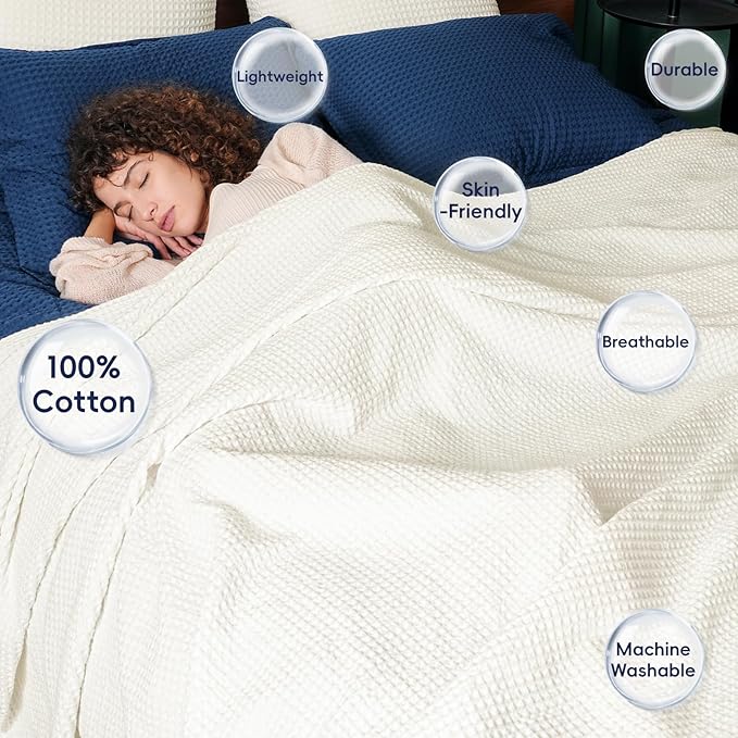 PHF Pre-Washed Cotton Waffle Weave Blanket Throw Size for Couch Bed,Snag Proof Spring Summer Lightweight Breathable,Oeko-TEX Certified,Machine Washable, Home Decor Gift，Cream