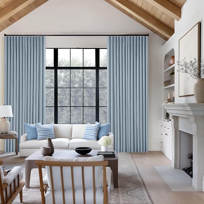 Dusty Blue Pinch Pleat 100% Blackout Linen Bedroom Curtains 96 Inch Length | - Image 8