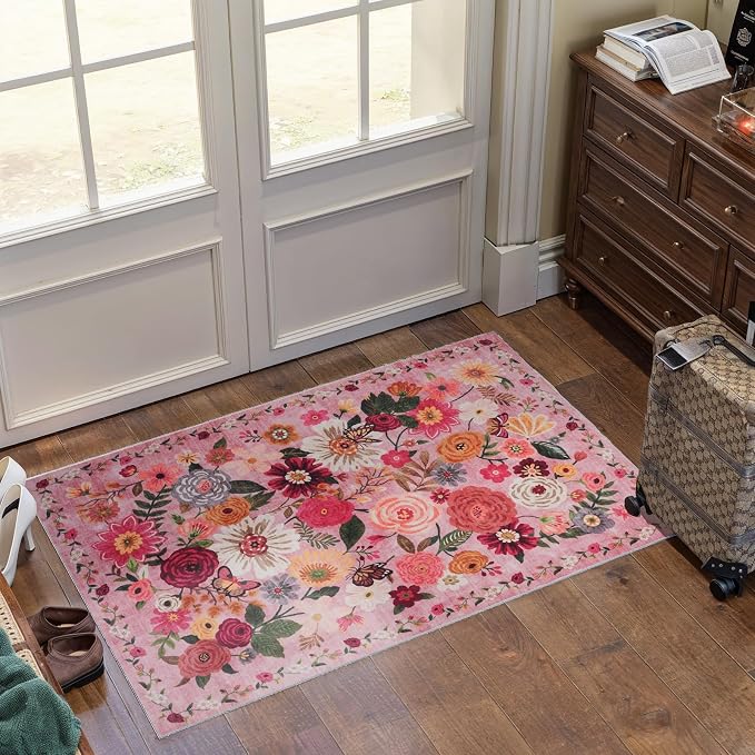 Pink Floral Rug for Entryway 2x3 Area Rug for Bedroom Kitchen | Ultra-Thin; - Image 4