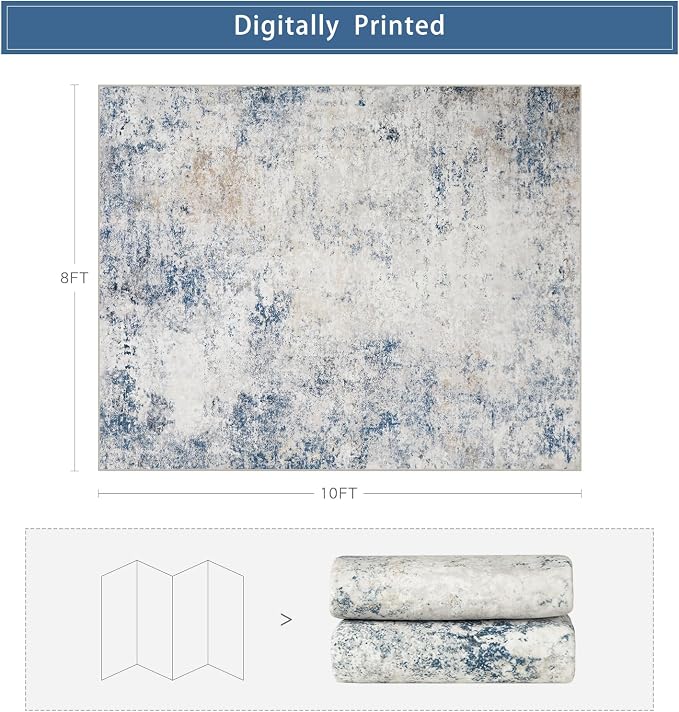 8x10 Washable Area Rugs for Living Room, Dining Room- Blue Beige | Modern - Image 2