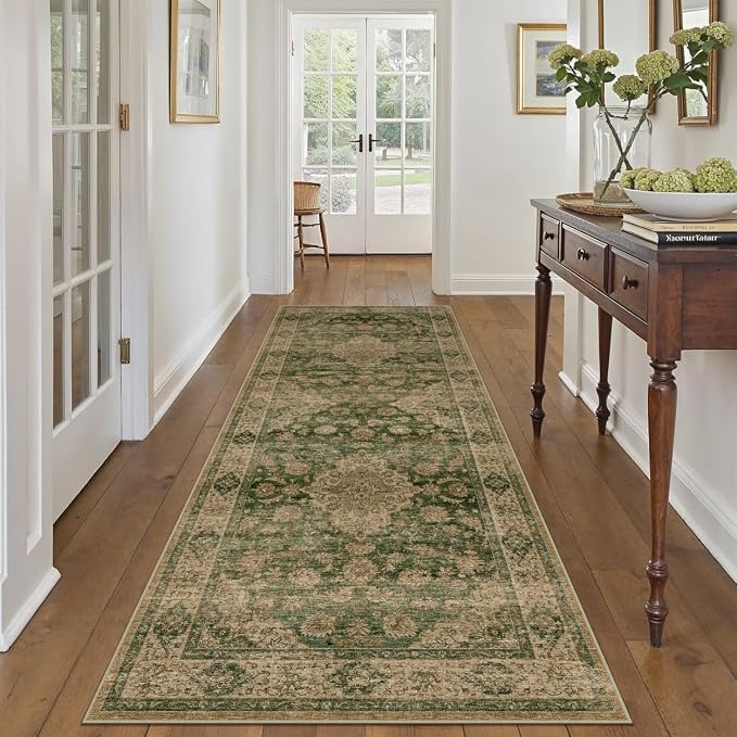 3x8 Green Retro Floral Washable Runner Rug by HUGEAR
