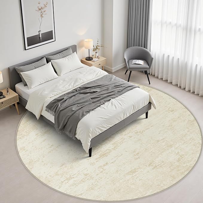 Round Area Rug Living Room: 8 ft Modern Washable Carpet Taupe | - Image 3