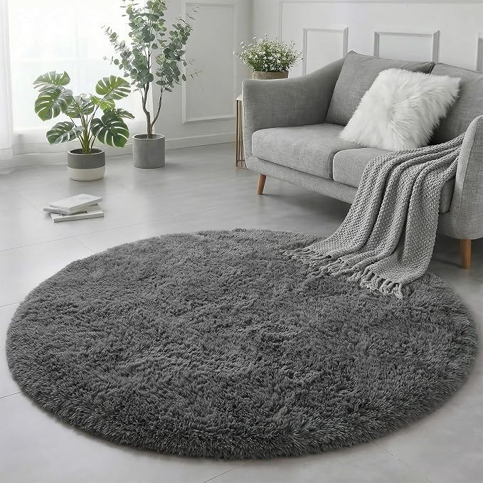 Amdrebio Grey Furry Big Round Area Rug 6Ft - Image 4