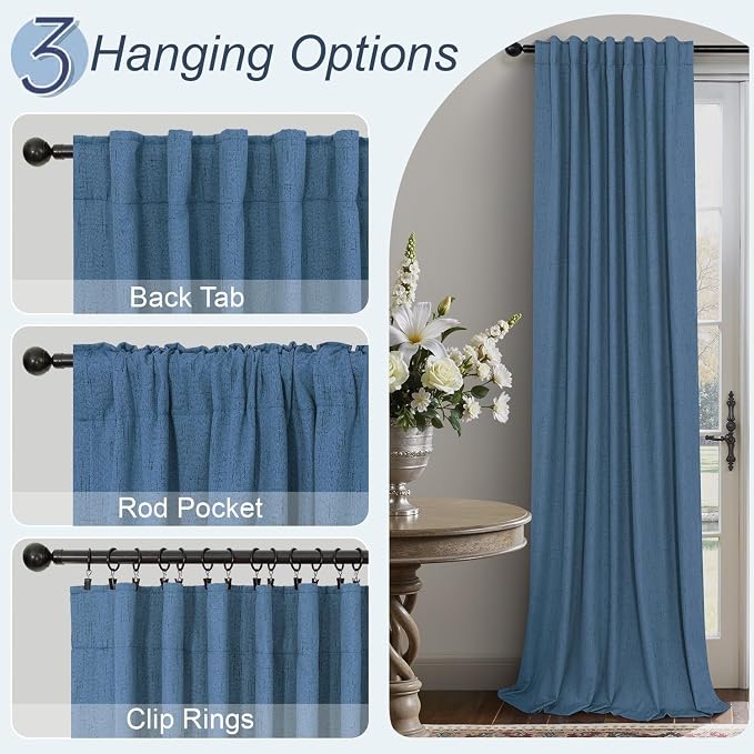 Denim Blue Blackout Curtains & Drapes 84 Inch Length 2 Panels Set Faux Linen - Image 6
