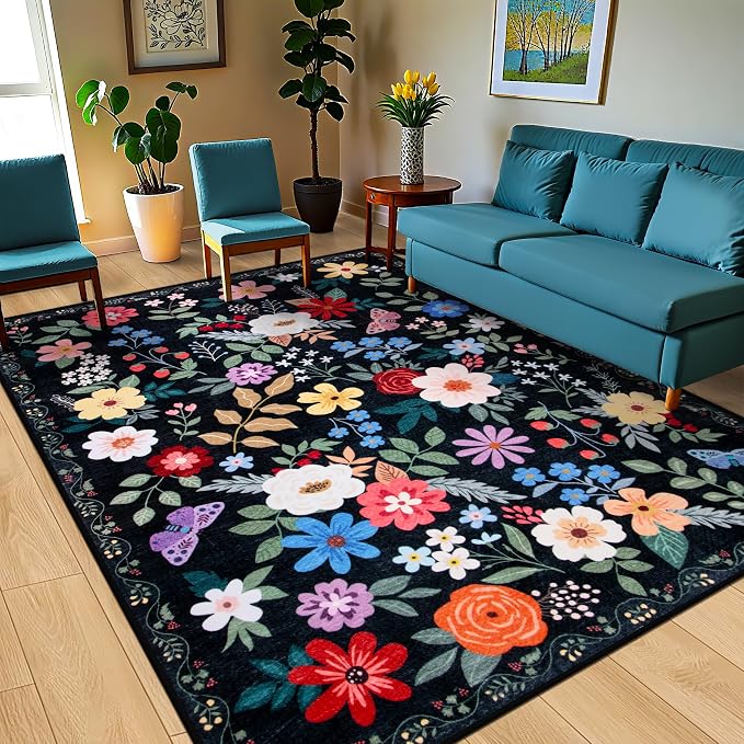 PLHXFR Area Rug 10x14 Living Room: Floral Washable Boho Soft Carpet Black | - Image 2