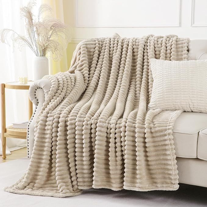 Khaki Throw Blanket for Couch Sofa 60x80 inches Striped Design | Fleece - Image 3