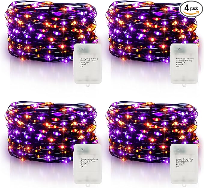 Purple Orange Halloween Timer Fairy Lights Battery Operated 4 Pack 16.4Ft 50 LED Black Wire Twinkle Lights with Timer 5 Modes for Halloween Indoor Outdoor Party Decoration