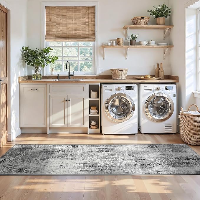 2x12 Grey Rug Runners for Hallways Kitchen Runner Rug Non Slip Washable Black - Image 4