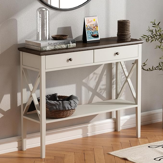ChooChoo Farmhouse Console Table with Drawers, Narrow Wood Accent Sofa Table Entryway Table with Storage Shelf for Entryway, Front Hall, Hallway, Living Room, Antique White & Brown