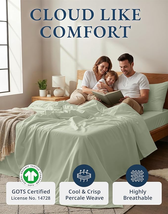 LANE LINEN 100% Organic Cotton Queen Sheet Set, 4Pc Cotton Sheets Queen Size Bed Set, Soft & Breathable Percale Weave, Deep Pocket Queen Sheets, Hotel-Quality Bed Sheets Queen Size - Mineral