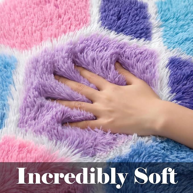 Checkered Purple Rainbow Area Rugs, Fluffy 5x8 Geometric Rug Girls Bedroom | - Image 2